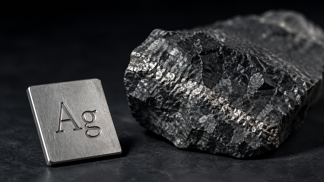 The image features a metallic block with the chemical symbol 'Ag' for silver, placed next to a rough, dark mineral rock. The contrasting textures highlight the raw material and its refined form.