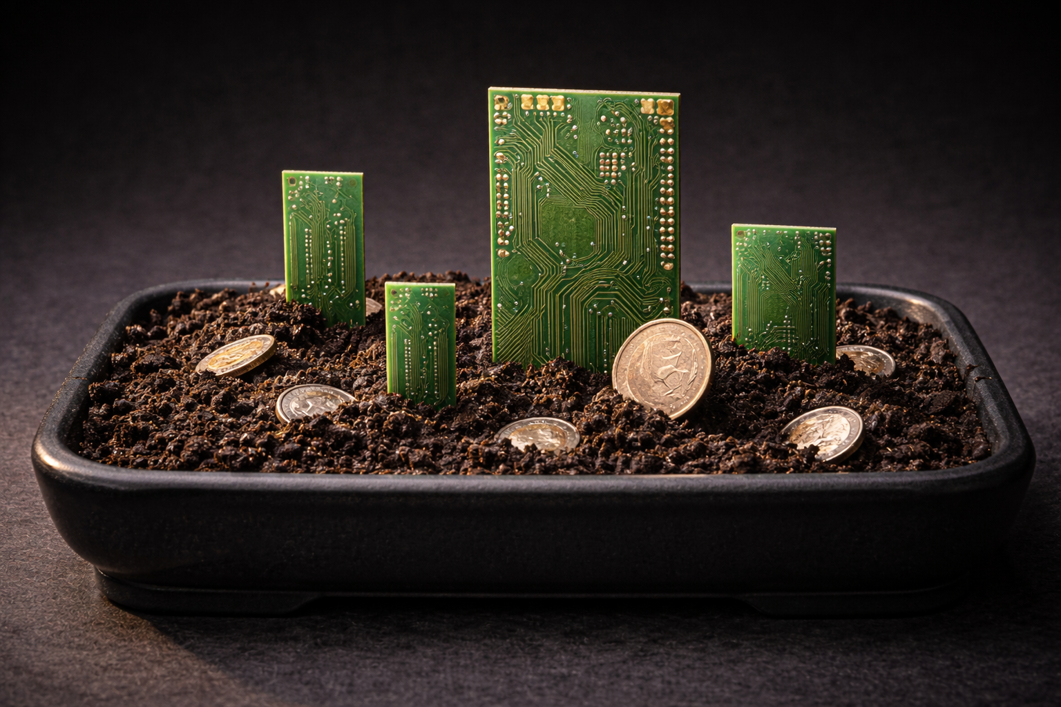 The image depicts a conceptual representation of digital currencies, featuring green circuit boards resembling plants emerging from dark soil, surrounded by coins. This artistic arrangement symbolizes the growth of technology in finance and the emerging digital economy.