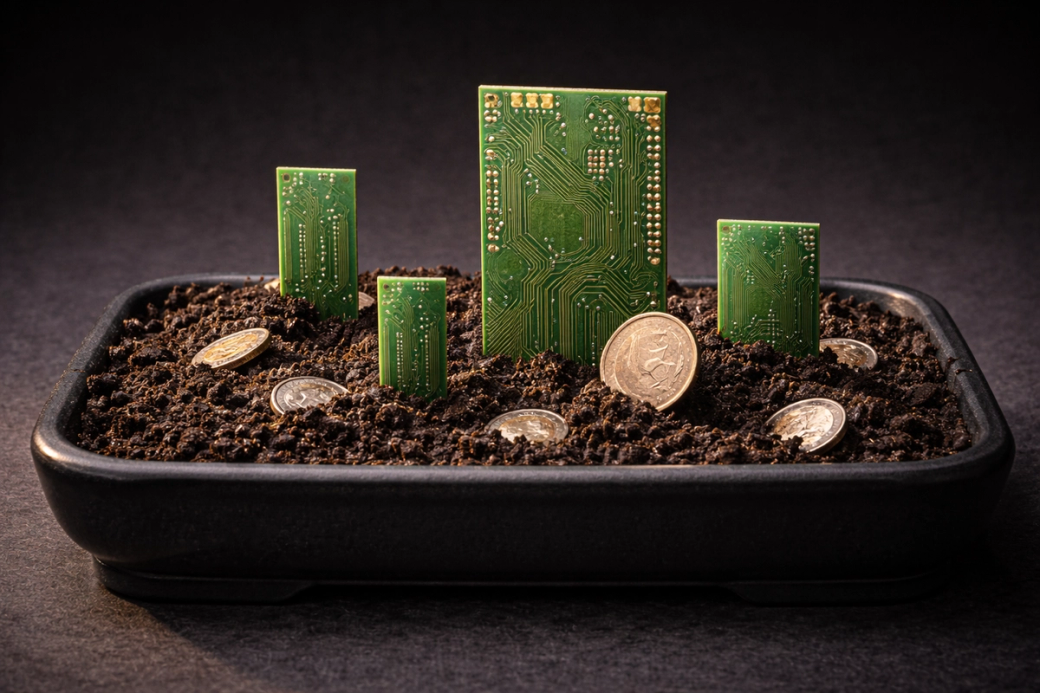The image depicts a conceptual representation of digital currencies, featuring green circuit boards resembling plants emerging from dark soil, surrounded by coins. This artistic arrangement symbolizes the growth of technology in finance and the emerging digital economy.