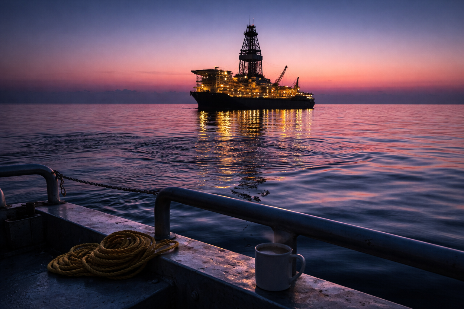 The image depicts an offshore oil drilling rig illuminated against a colorful sunset sky, reflecting on the calm water. In the foreground, a cup of coffee and coiled rope are positioned on the edge of a smaller vessel.