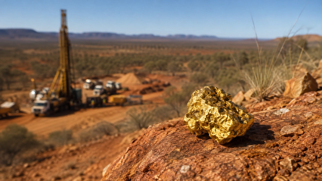 A close-up view of a gold nugget resting on a rocky surface, set against a backdrop of an active mining operation in a desert landscape. The scene includes drilling equipment and mining trucks in the background, highlighting the extraction of natural resources.