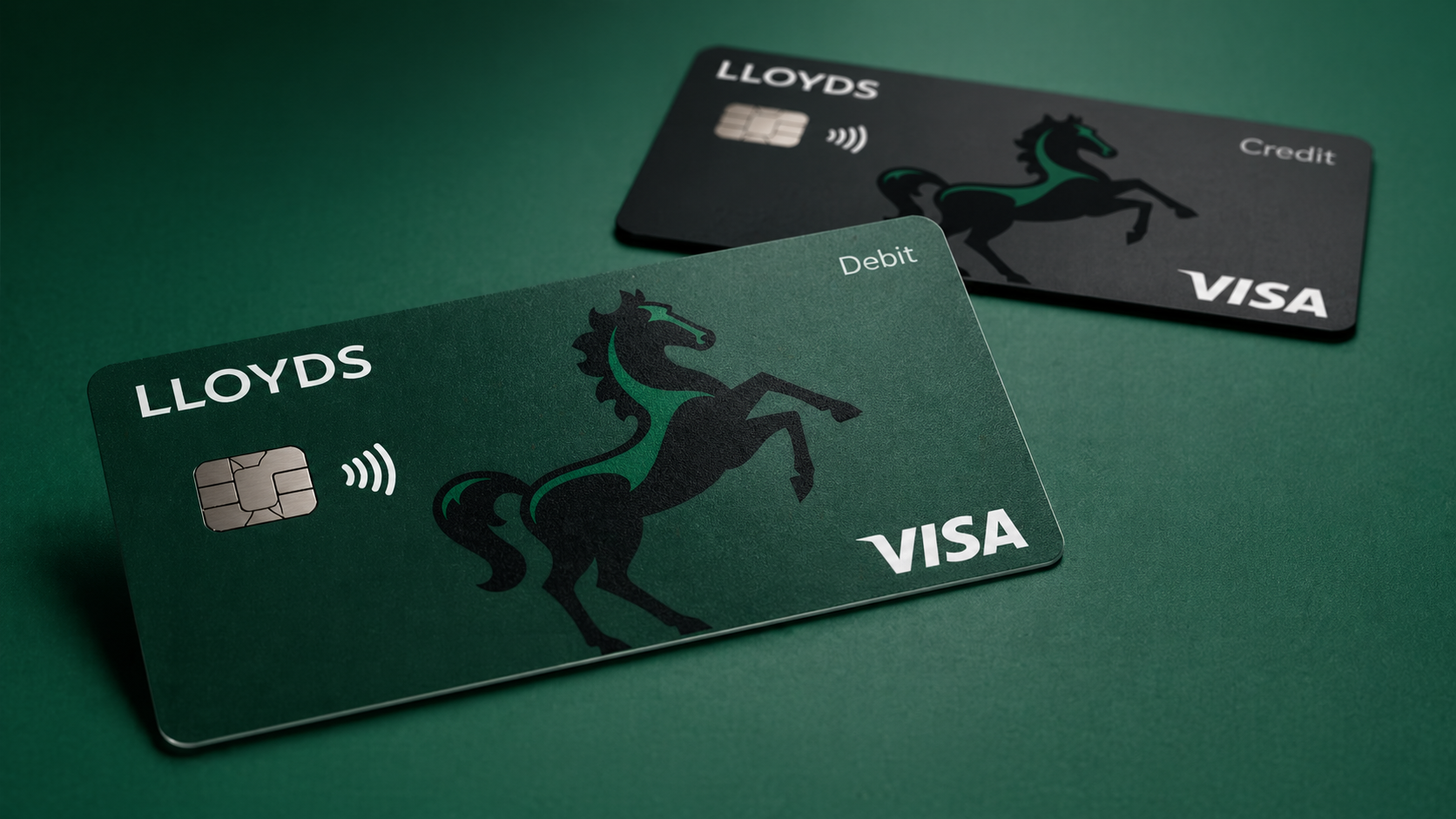 The image features two credit and debit cards displayed on a green background. One card is marked 'Debit' and the other 'Credit', both prominently featuring the VISA logo and a design element depicting a horse.
