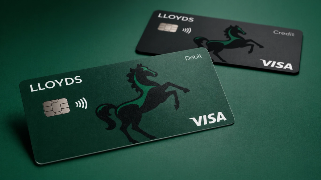 The image features two credit and debit cards displayed on a green background. One card is marked 'Debit' and the other 'Credit', both prominently featuring the VISA logo and a design element depicting a horse.