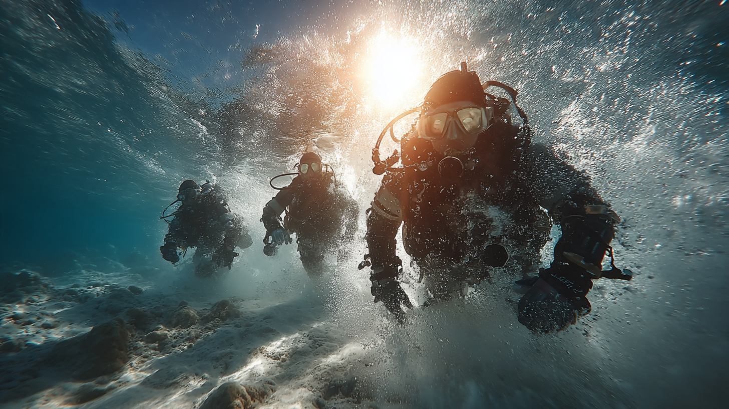 The image depicts a group of divers moving through clear blue water, with sunlight filtering through the surface, creating a dynamic underwater scene. The divers are equipped with diving gear and are navigating through a marine environment.