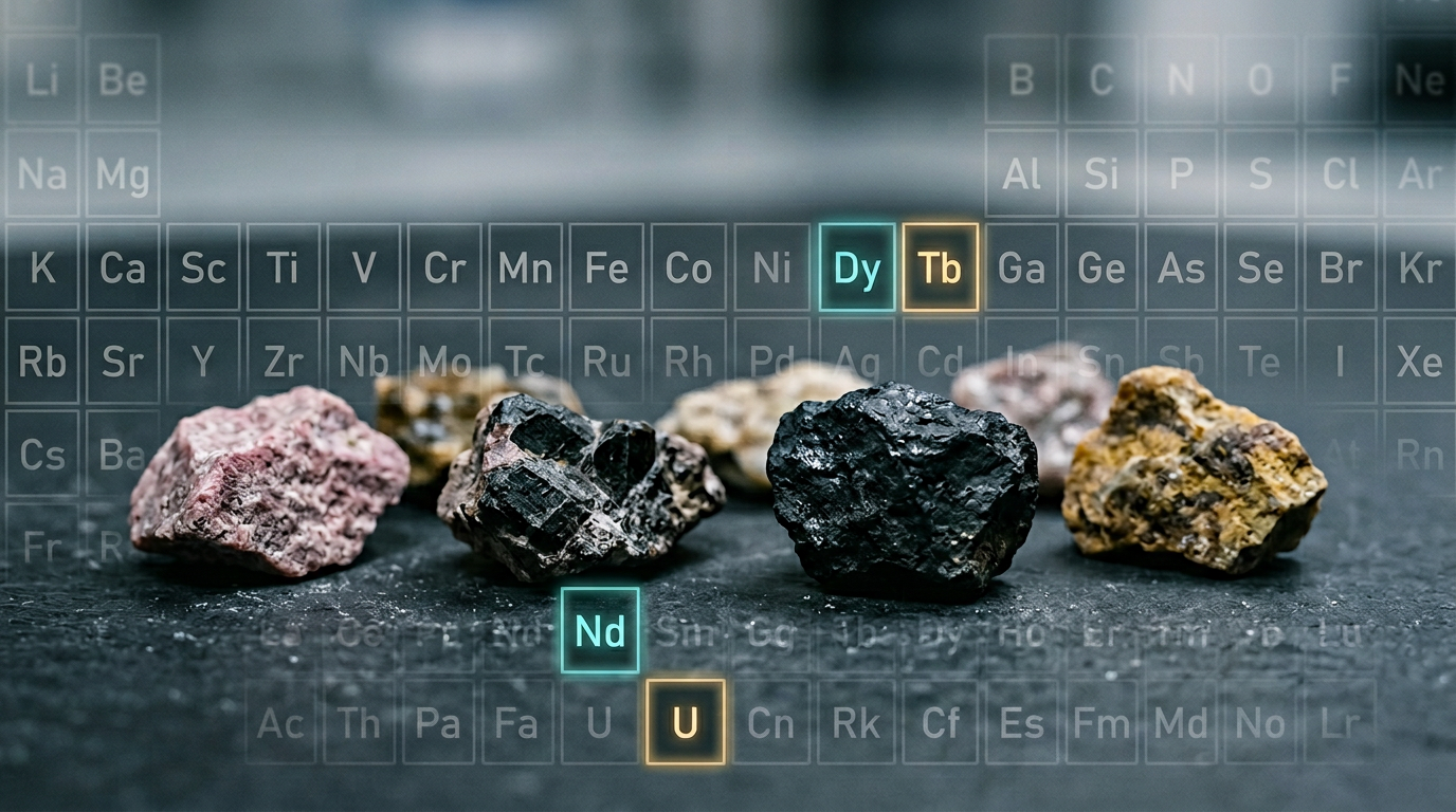 The image of 'Rare Earth Minerals' features a collection of various mineral rocks arranged on a surface, with a periodic table graphic in the background highlighting specific elements like Neodymium (Nd) and Dysprosium (Dy). The visuals suggest a focus on minerals relevant to technology and manufacturing. Representing the periodic table.