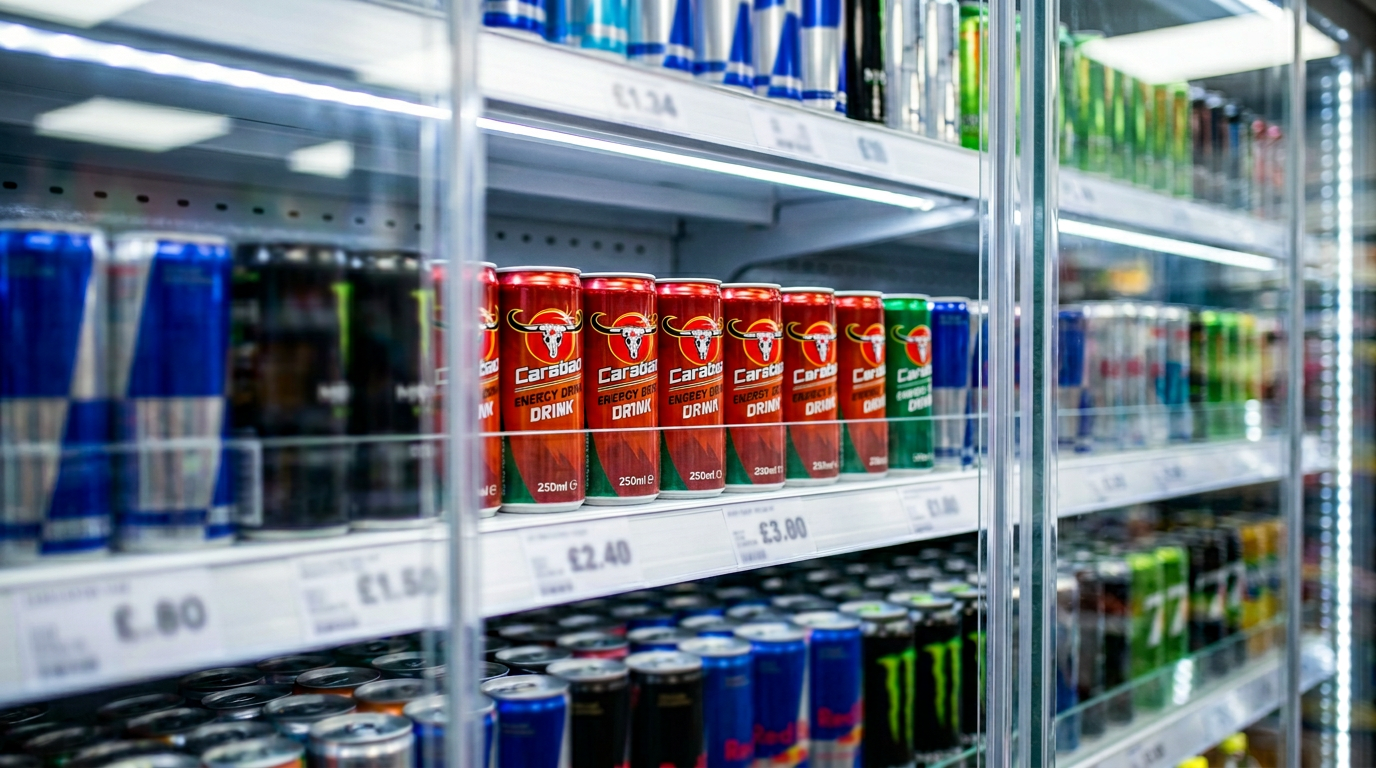 The image depicts a row of Carabao Energy Drink cans prominently displayed in a chilled drinks section of a convenience store. Illuminated by blue-white LED lighting, the cans are neatly arranged at eye level, showcasing the brand's iconic red-and-gold design with a buffalo head logo, while other beverages blur softly in the background.
