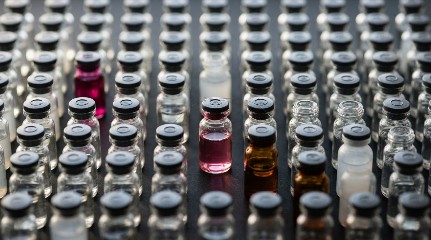 The image features a macro still life of a dense grid of glass vials arranged meticulously on a matte black surface. A singular vial in the center contains a deep rose-pink liquid, while others display a variety of clear and colored liquids, evoking a sense of scientific inquiry and precision without identifiable branding or labels.