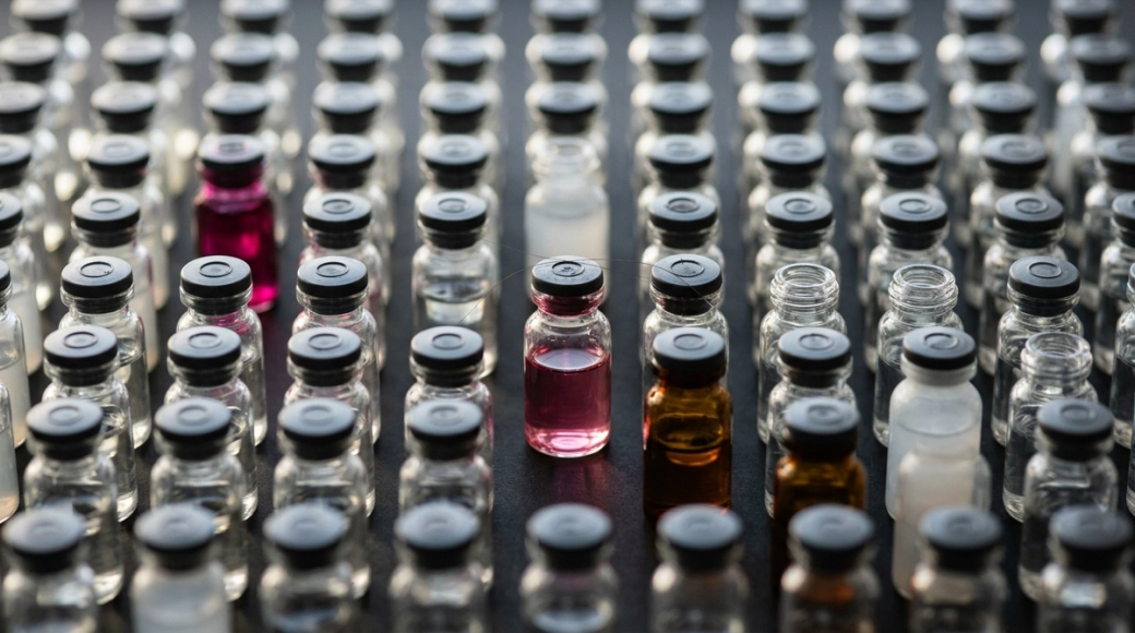 The image features a macro still life of a dense grid of glass vials arranged meticulously on a matte black surface. A singular vial in the center contains a deep rose-pink liquid, while others display a variety of clear and colored liquids, evoking a sense of scientific inquiry and precision without identifiable branding or labels.