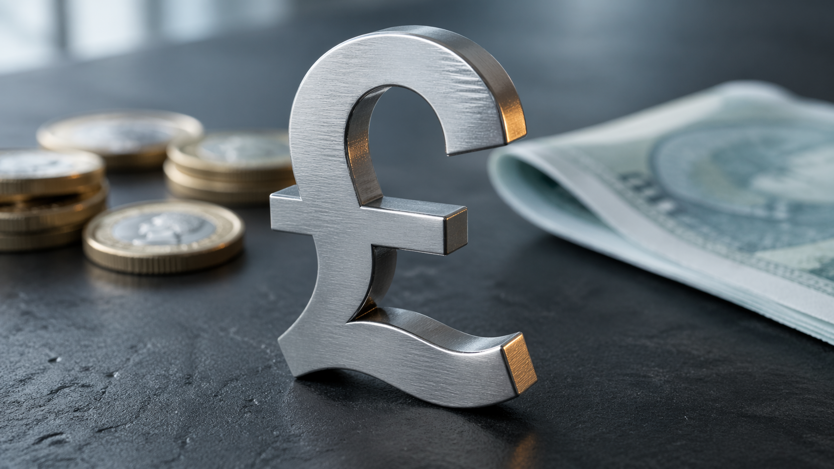 The image features a metallic pound symbol prominently displayed on a dark surface, with a few coins and a folded banknote in the background, implying themes of currency and finance.