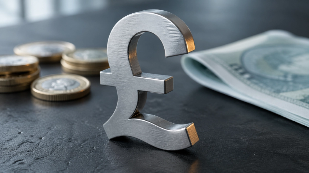 The image features a metallic pound symbol prominently displayed on a dark surface, with a few coins and a folded banknote in the background, implying themes of currency and finance.