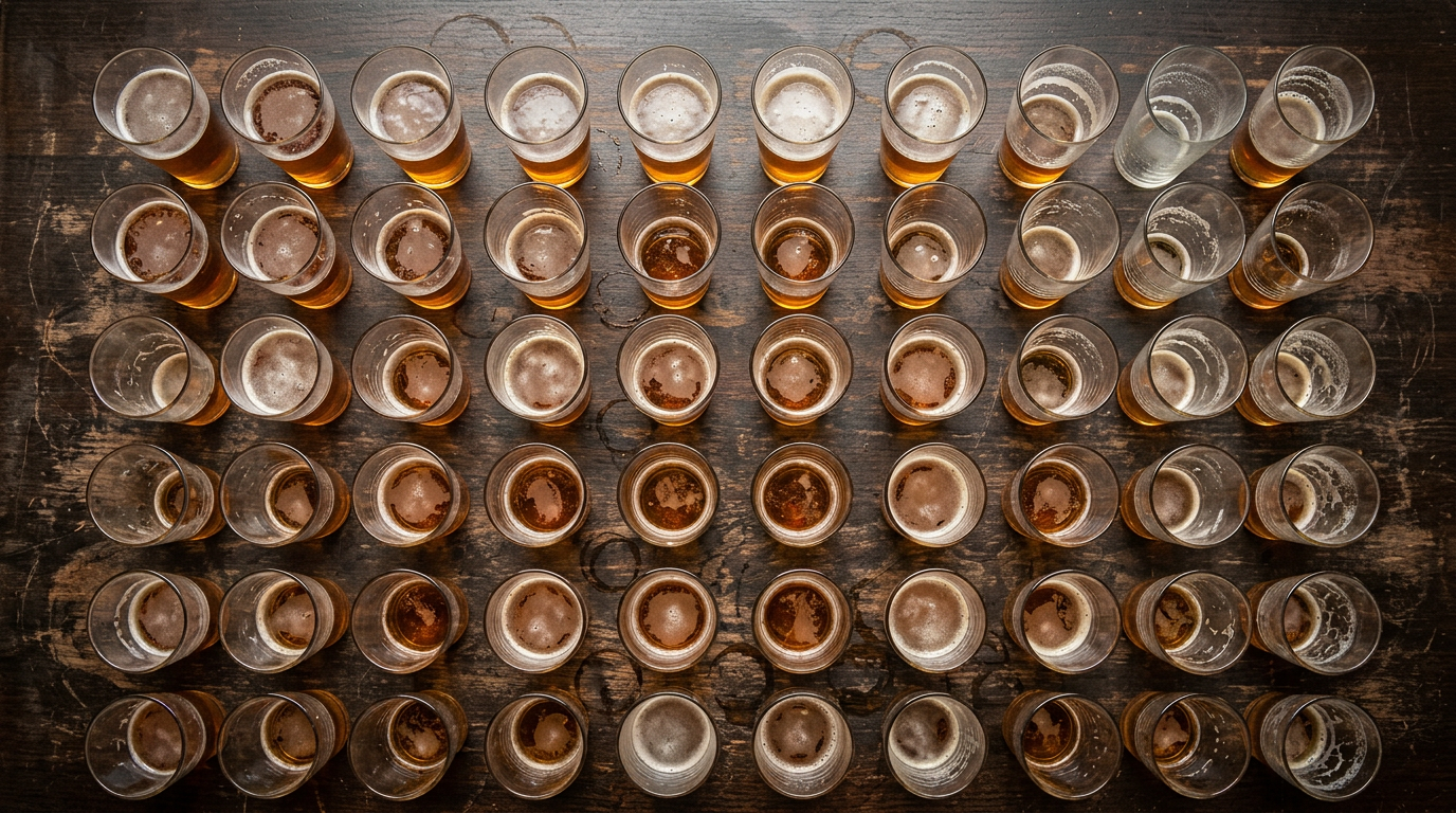 This overhead photograph features a large rectangular table displaying an organized grid of pint glasses filled with varying levels of amber liquid. The glasses, some full, some half-empty, and others drained, resemble a bar chart that abstractly represents volume and consumption patterns in a bar setting, while the table's dark wood-effect surface adds a familiar and warm ambiance.