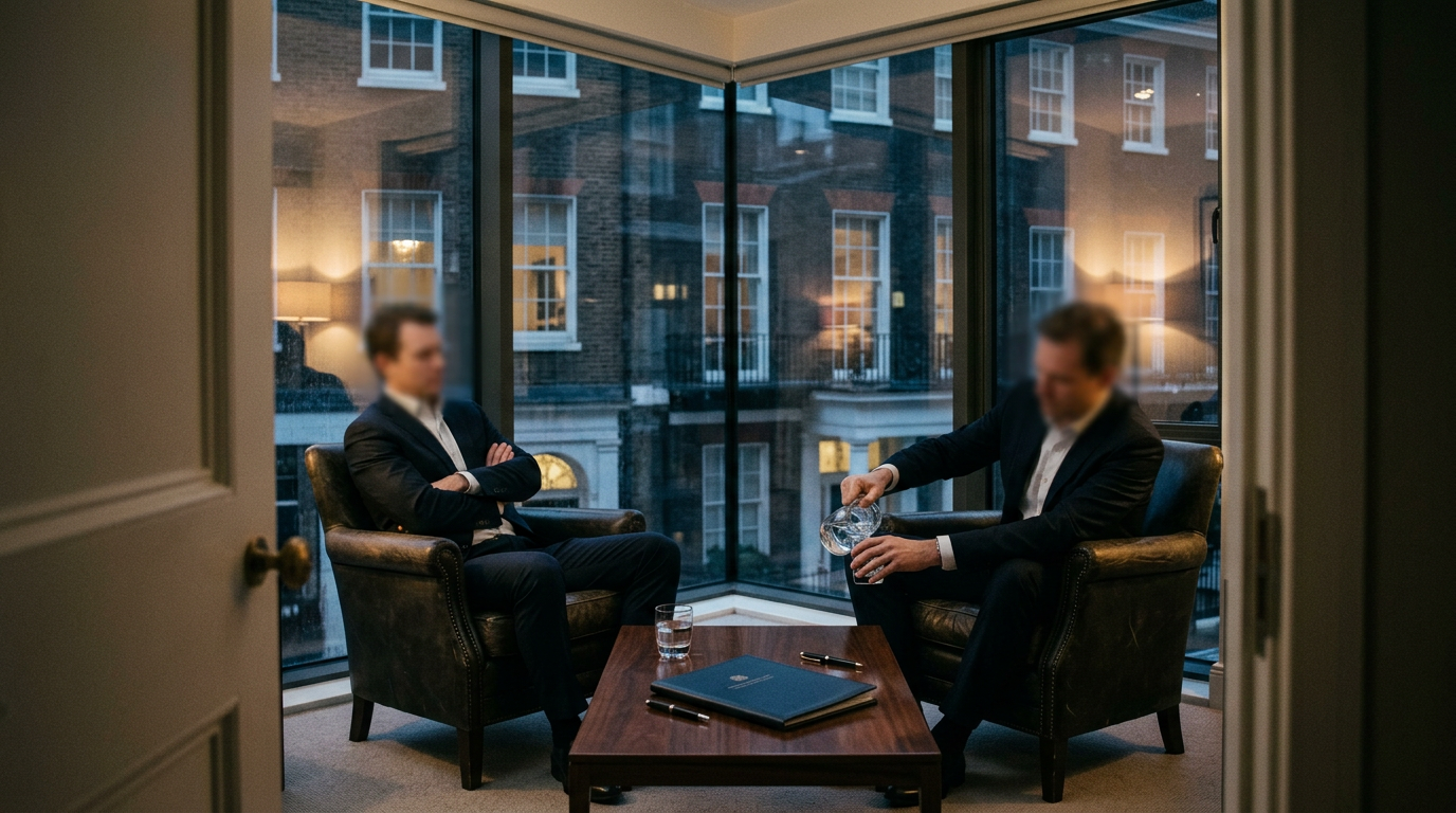 The image shows two CEOs seated in leather armchairs in a corner office, facing each other with arms crossed and serious expressions. A low table between them holds a term sheet, two pens, and glasses of water, set against the backdrop of London's Mayfair cityscape visible through floor-to-ceiling windows, creating a sense of hostility amidst a professional discussion.