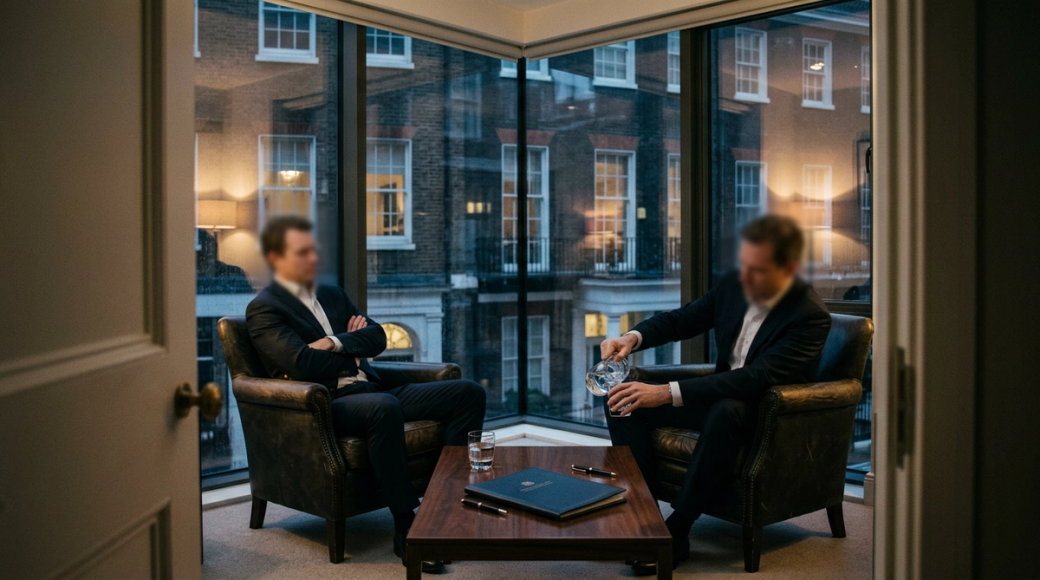 The image shows two CEOs seated in leather armchairs in a corner office, facing each other with arms crossed and serious expressions. A low table between them holds a term sheet, two pens, and glasses of water, set against the backdrop of London's Mayfair cityscape visible through floor-to-ceiling windows, creating a sense of hostility amidst a professional discussion.