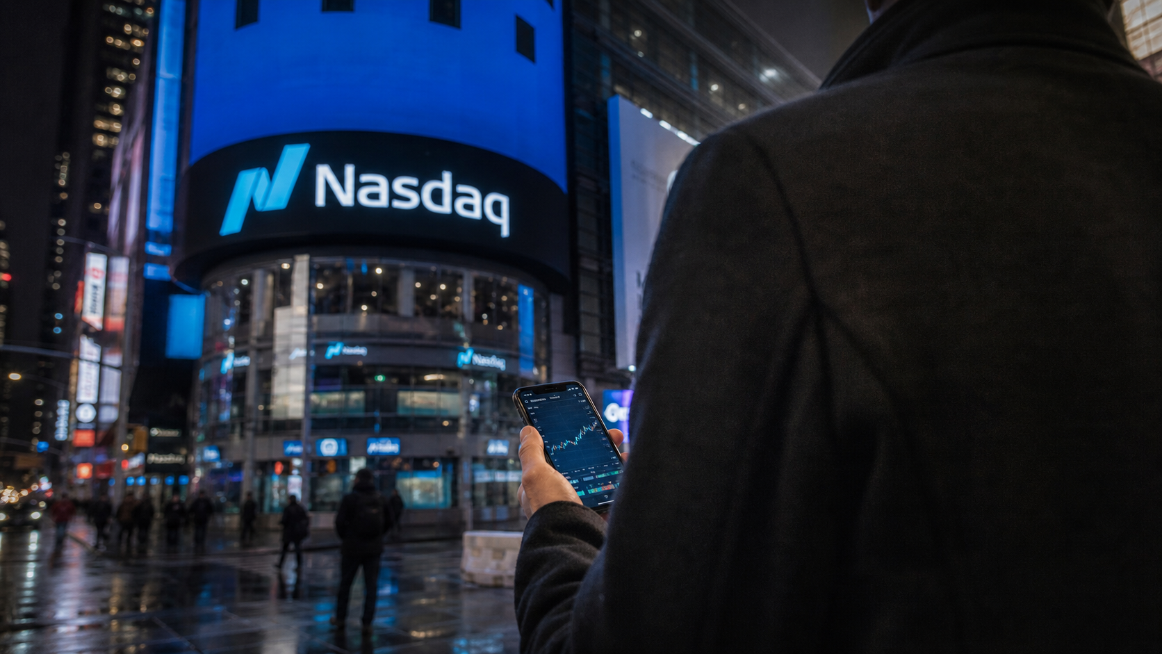 A person standing in Times Square, New York City, holding a smartphone while facing the Nasdaq building with its illuminated logo. The scene is set at night, showcasing the vibrant city lights and a bustling crowd.