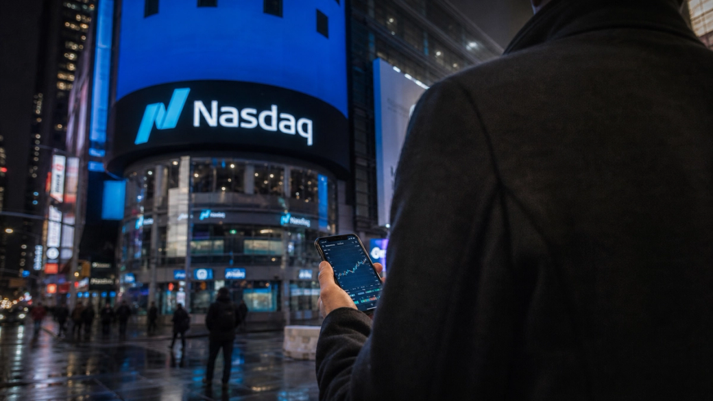 A person standing in Times Square, New York City, holding a smartphone while facing the Nasdaq building with its illuminated logo. The scene is set at night, showcasing the vibrant city lights and a bustling crowd.