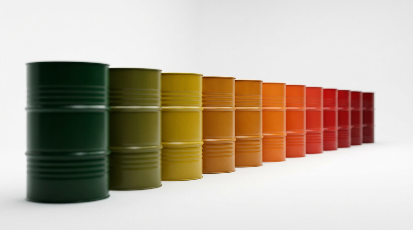 The image showcases a row of identical oil drums arranged in a linear fashion, transitioning from deep green at the front through amber to vivid red at the back. This colour gradient creates a visual representation of price movement and market sentiment, suggesting a spectrum from profit to loss against a clean white background.
