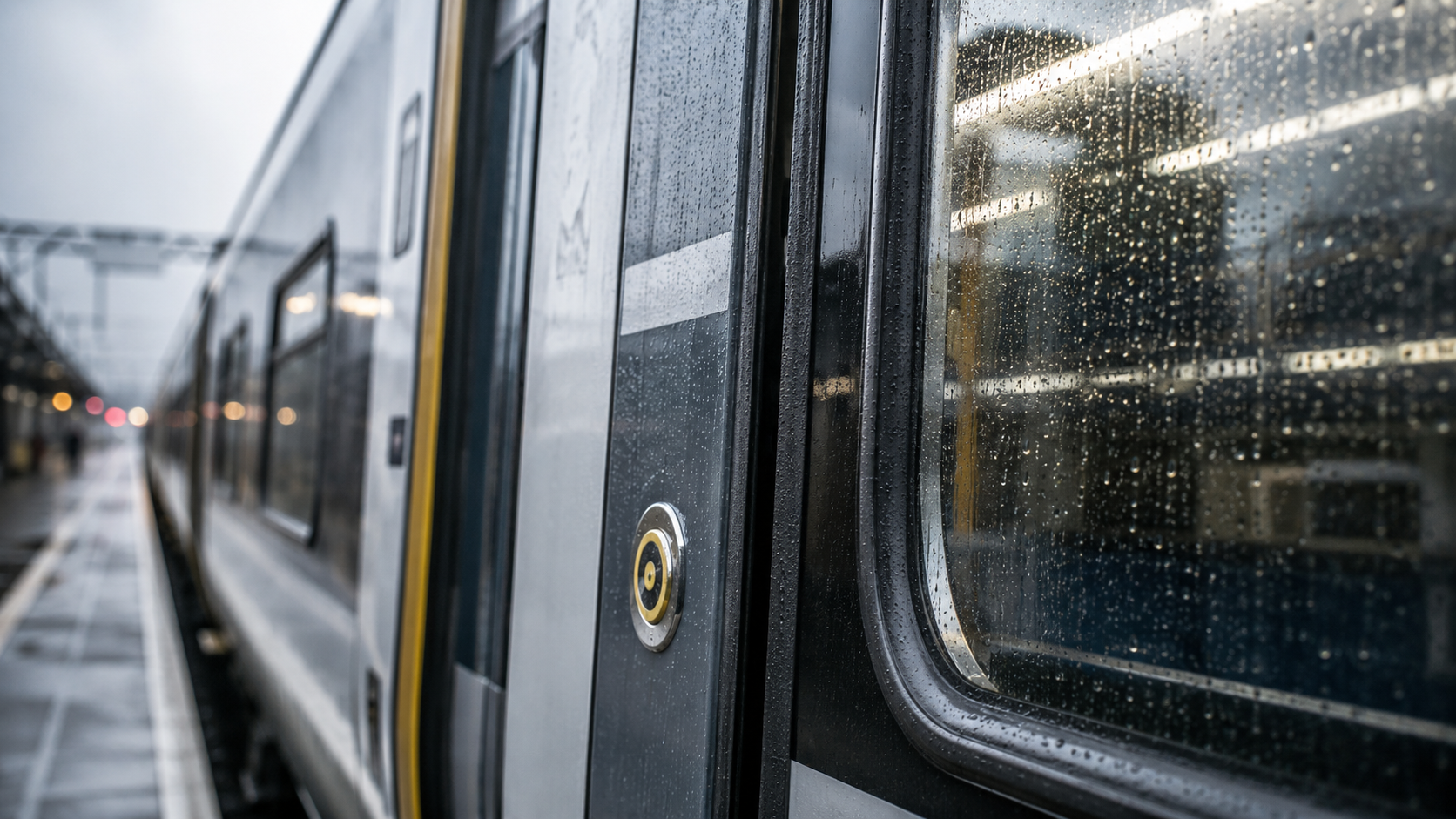 The image depicts a close-up view of a train door, showing rain droplets on the glass surface. The scene is set at a train station, with the blurred outline of another train visible in the background.