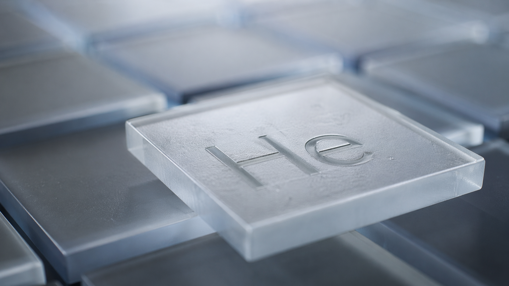 The image features a close-up view of a crystalline representation of the element Helium, prominently displayed among other similar elements in a grid layout. The visible square tile is etched with the symbol 'He', indicating its chemical identity.
