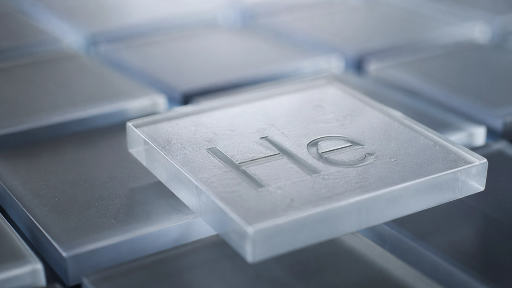 The image features a close-up view of a crystalline representation of the element Helium, prominently displayed among other similar elements in a grid layout. The visible square tile is etched with the symbol 'He', indicating its chemical identity.