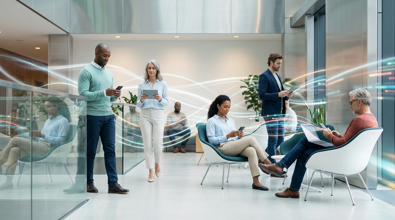 The image depicts a modern office environment with diverse professionals engaged in various tasks, such as using mobile devices and laptops. The setting features a sleek, contemporary design with plants and natural lighting, suggesting a collaborative workspace.