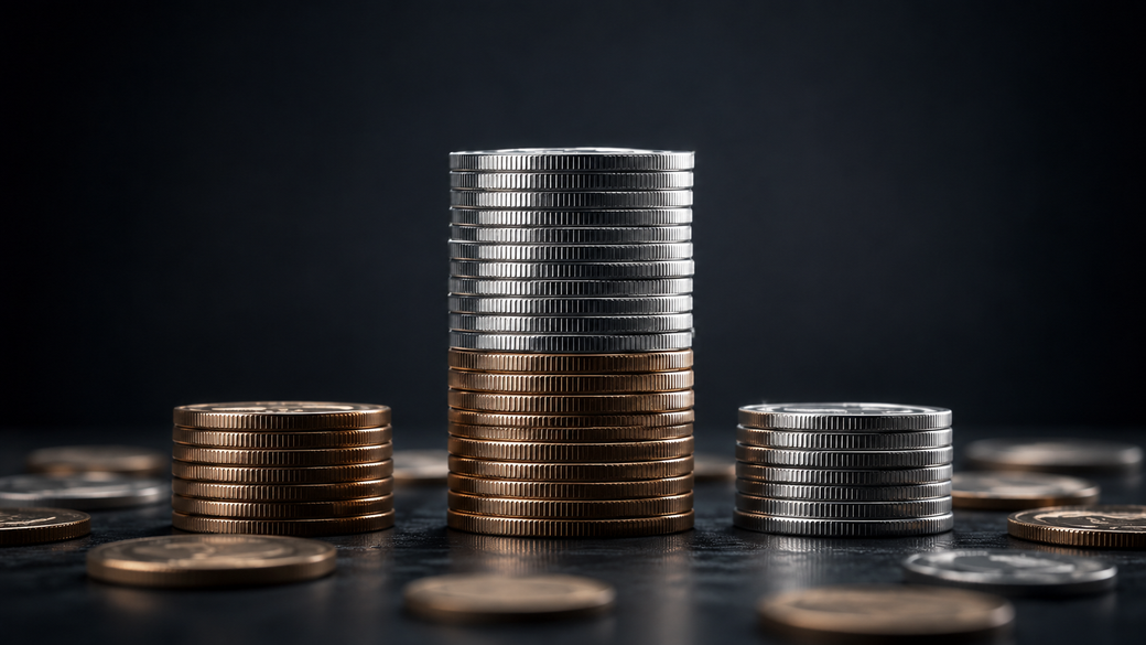 The image displays an arrangement of coins on a dark surface, featuring stacks of silver and bronze coins. The central stack of silver coins is taller than the surrounding bronze stacks, creating a contrast in color and height.