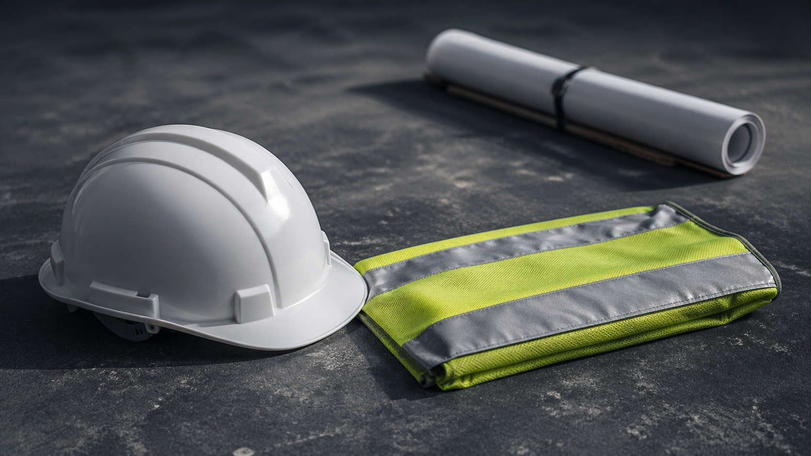 The image features a white hard hat, a reflective safety vest, and rolled-up architectural blueprints positioned on a textured surface. The setting conveys a sense of construction or project planning.