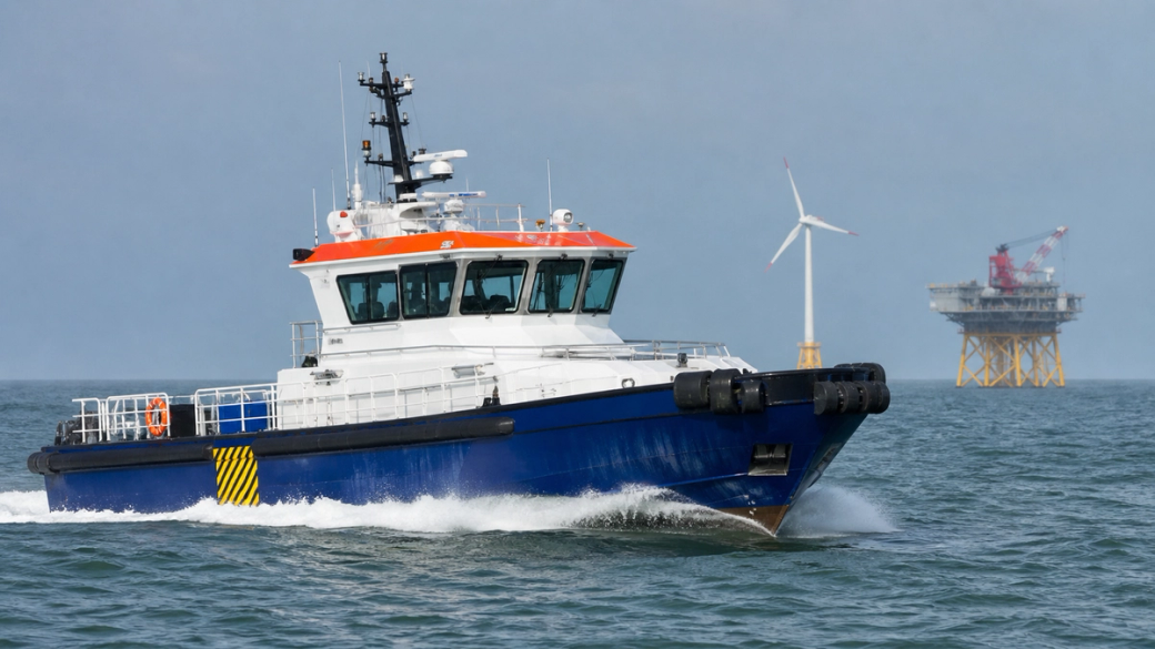 The image shows a crew boat navigating through the water near an offshore wind farm. A wind turbine is visible in the background, along with an oil platform, indicating a blend of renewable and traditional energy sectors.