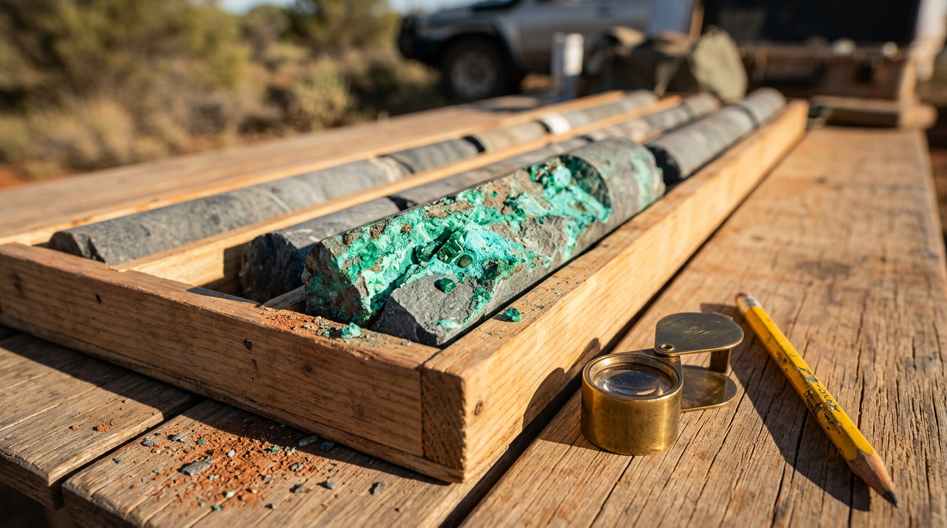 The image depicts geological cores arranged on a wooden table, showcasing samples with visible green mineralization. In the background, a vehicle and outdoor setting suggest a field exploration context.