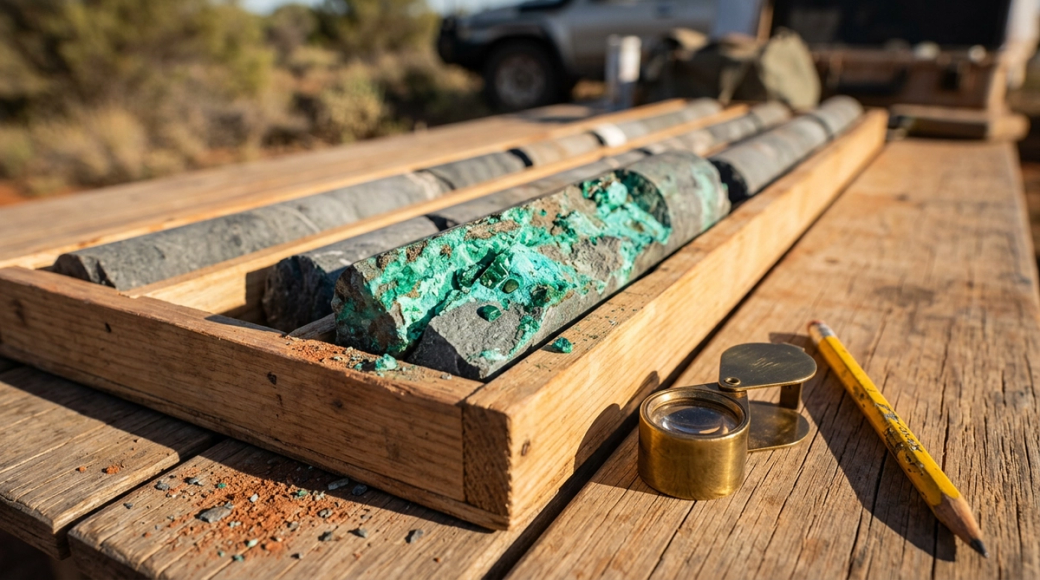 The image depicts geological cores arranged on a wooden table, showcasing samples with visible green mineralization. In the background, a vehicle and outdoor setting suggest a field exploration context.