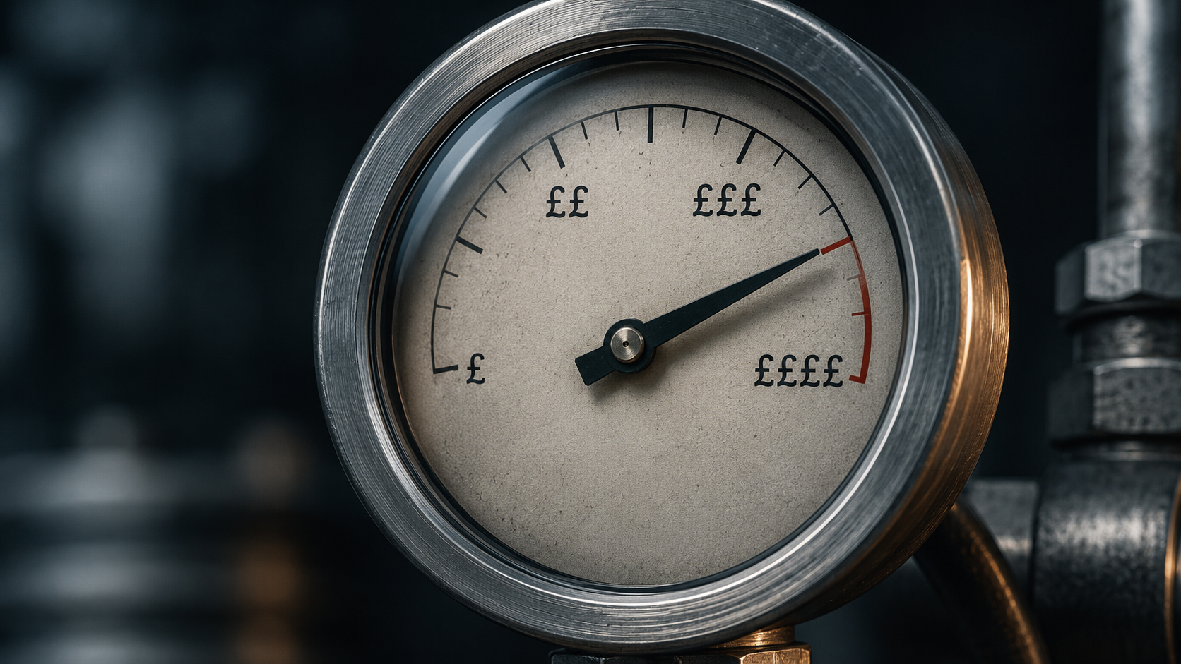 The image features a pressure gauge with a metallic casing, displaying measurement markings in British pounds (£). The gauge is set against a blurred industrial background, suggesting a context of machinery or equipment usage.