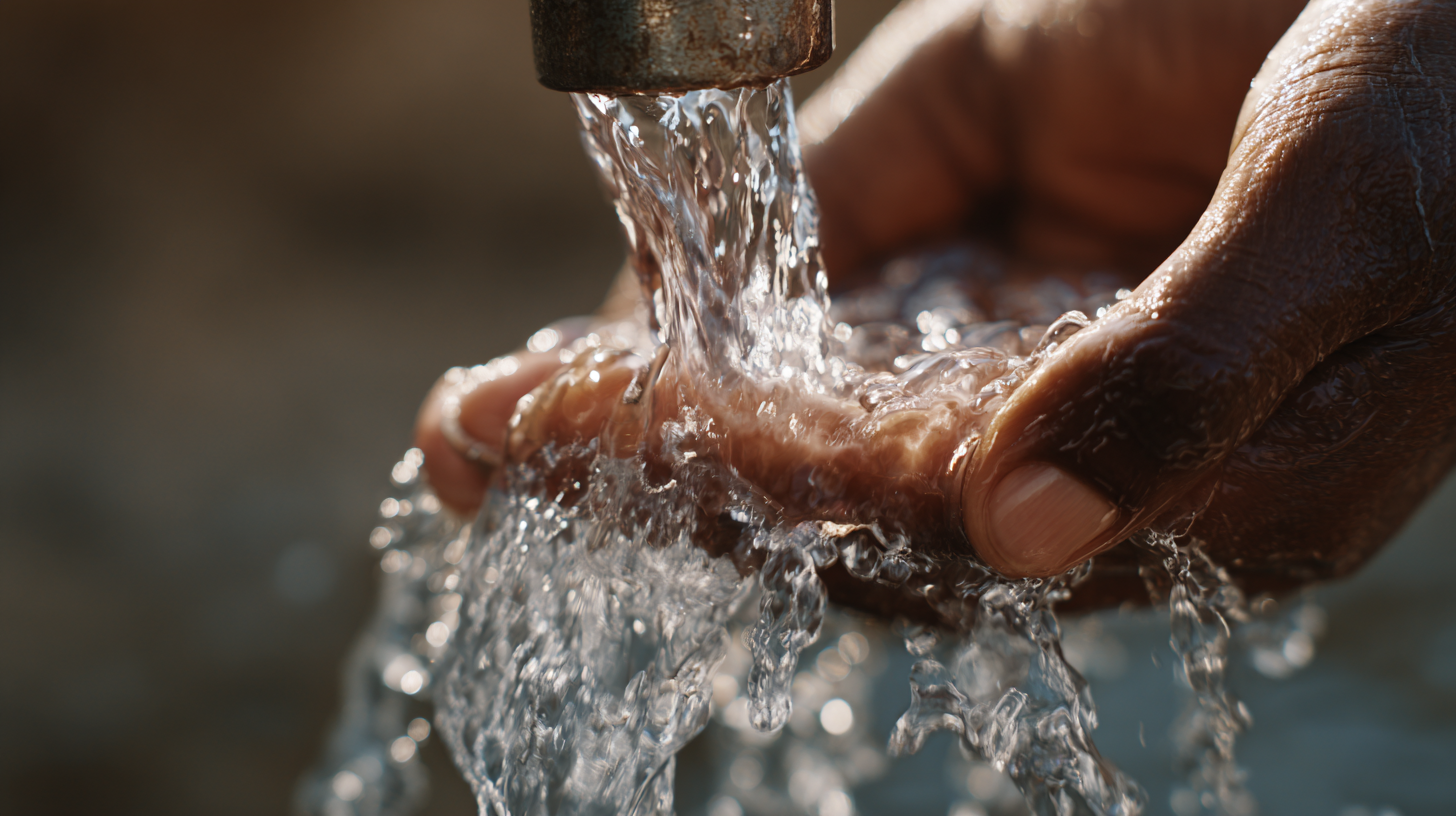 The image depicts a close-up view of a person’s hand cupping water that is flowing from a faucet. The water is clear and glistening, highlighting the importance of access to clean water.