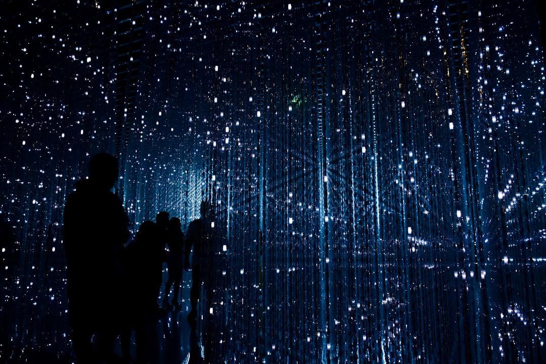 The image features silhouettes of people in a dimly lit environment adorned with strings of lights, creating a mesmerizing visual effect. The arrangement of lights appears to transform the space into an immersive experience.