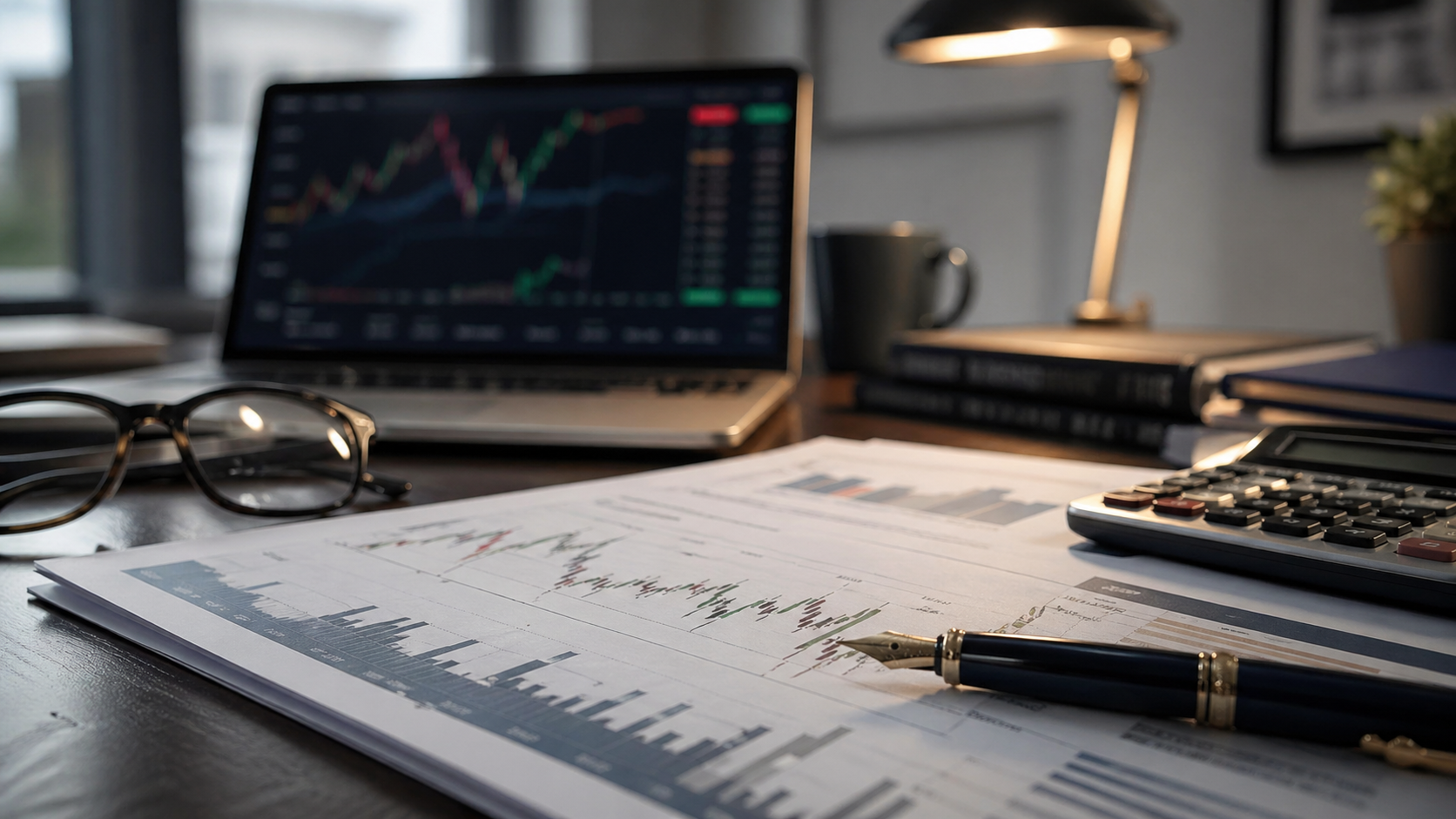 The image shows a close-up view of a desk setup with financial data sheets, a laptop displaying stock market graphs, a calculator, and a pen. Natural light is coming through a window, creating a professional environment.