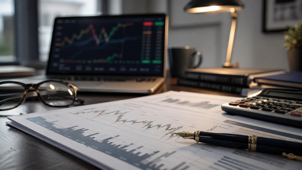 The image shows a close-up view of a desk setup with financial data sheets, a laptop displaying stock market graphs, a calculator, and a pen. Natural light is coming through a window, creating a professional environment.
