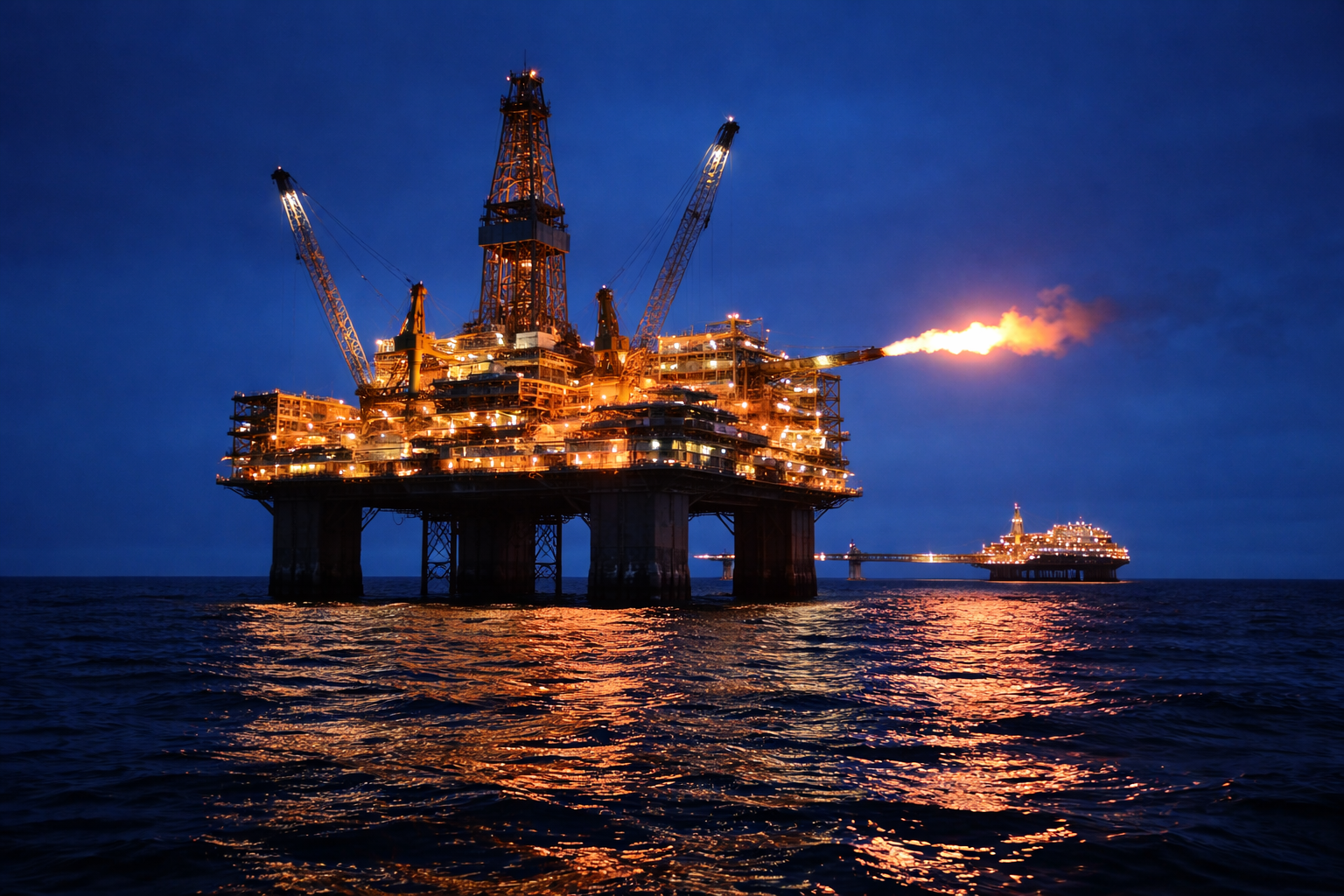 An offshore oil drilling rig is illuminated at dusk, with flames burning from a flare stack while a support vessel is seen in the background. The scene captures the industrial activity associated with oil extraction in a marine setting.