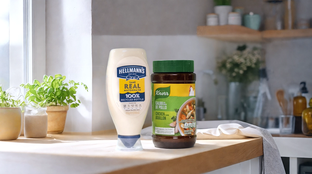 The image features a kitchen setting with two products prominently displayed on a wooden countertop. One product is a bottle of Hellmann's Real Mayonnaise, and the other is a jar of Knorr Bouillon.