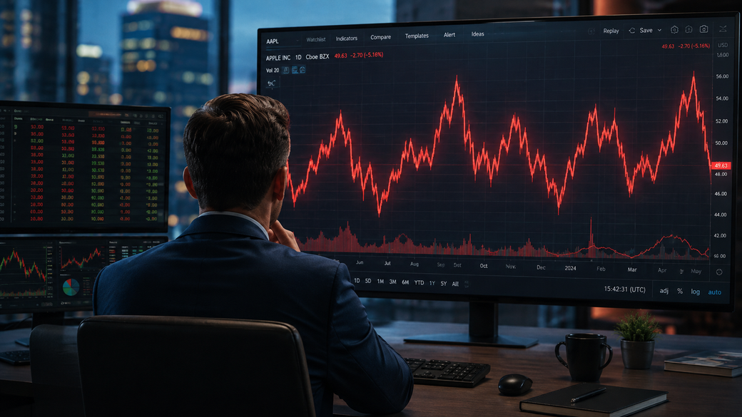A business professional is observing stock market data displayed on a large screen. The image features a trading environment, with visible market fluctuation graphs in red and green tones, alongside financial data on secondary monitors.