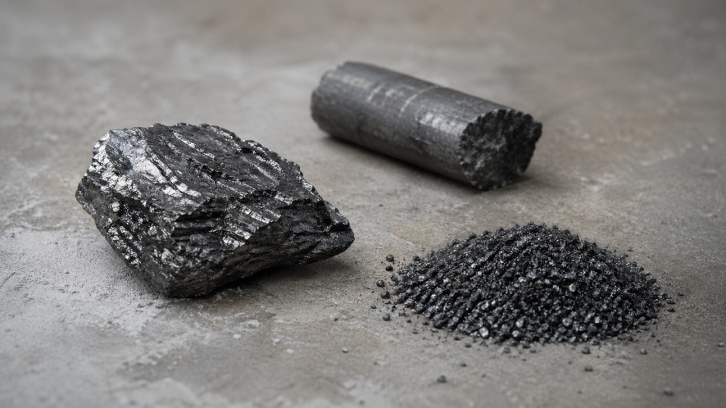 The image features three forms of graphite: a rough chunk, a cylindrical piece, and a pile of powder. These materials are displayed on a textured surface, highlighting their different textures and forms.