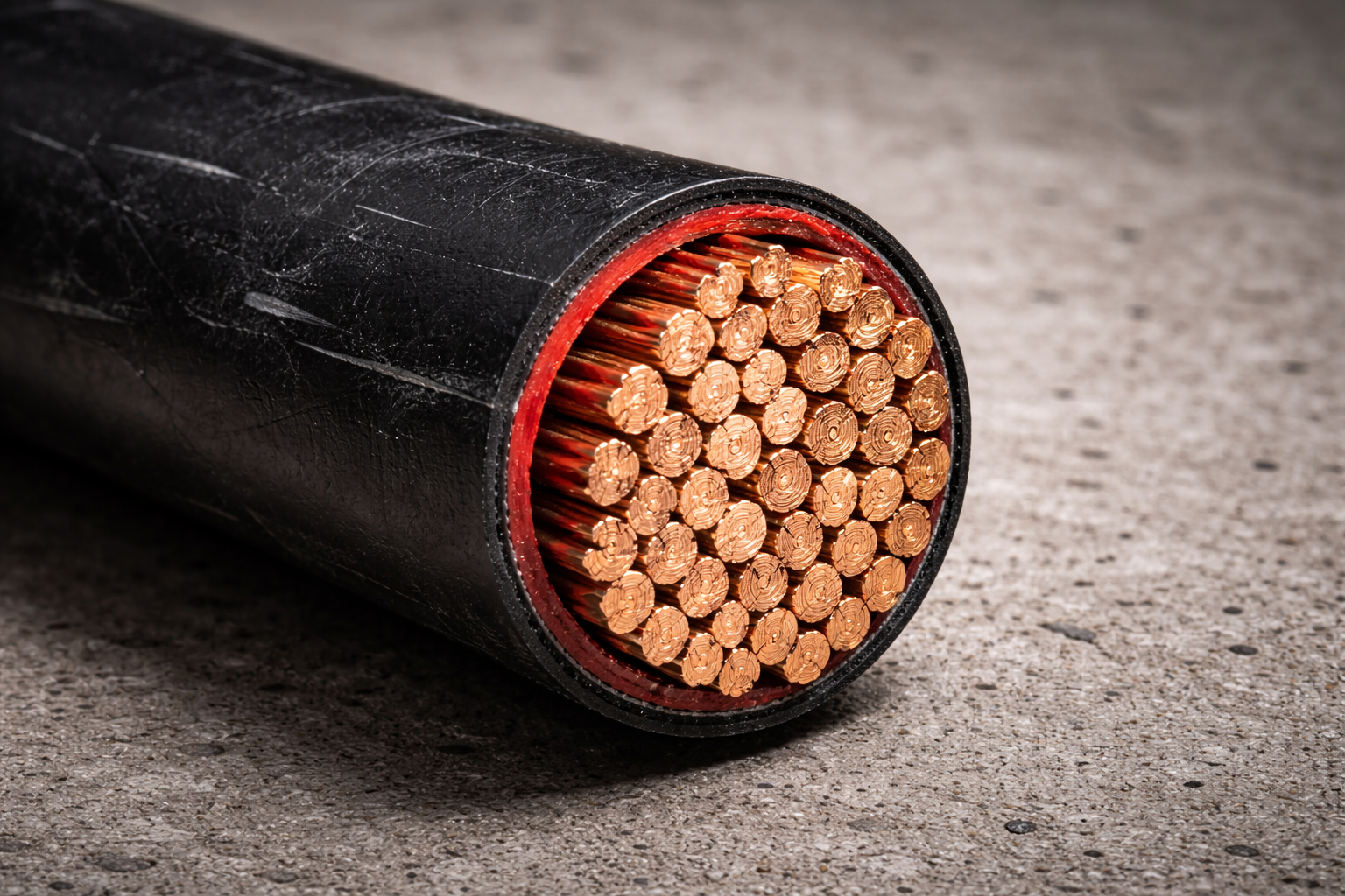 The image shows a close-up view of a thick electrical cable, revealing its interior which consists of numerous copper strands. The cable is encased in black rubber shielding, emphasizing its robust construction for electrical applications.