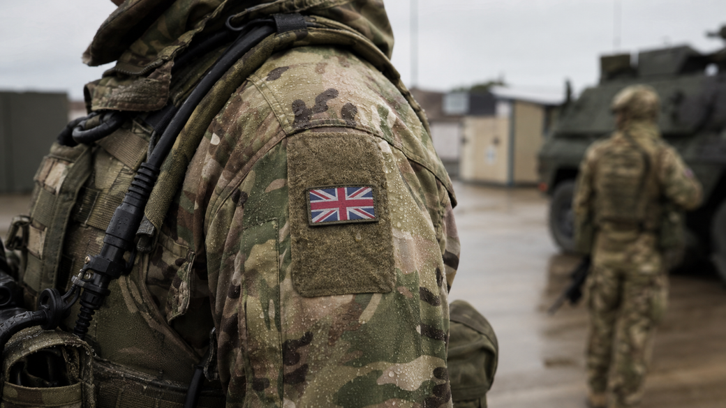 The image shows a soldier wearing camouflage military gear with a visible British flag patch on their shoulder. In the background, another soldier is seen near a military vehicle, suggesting a training or operational environment.
