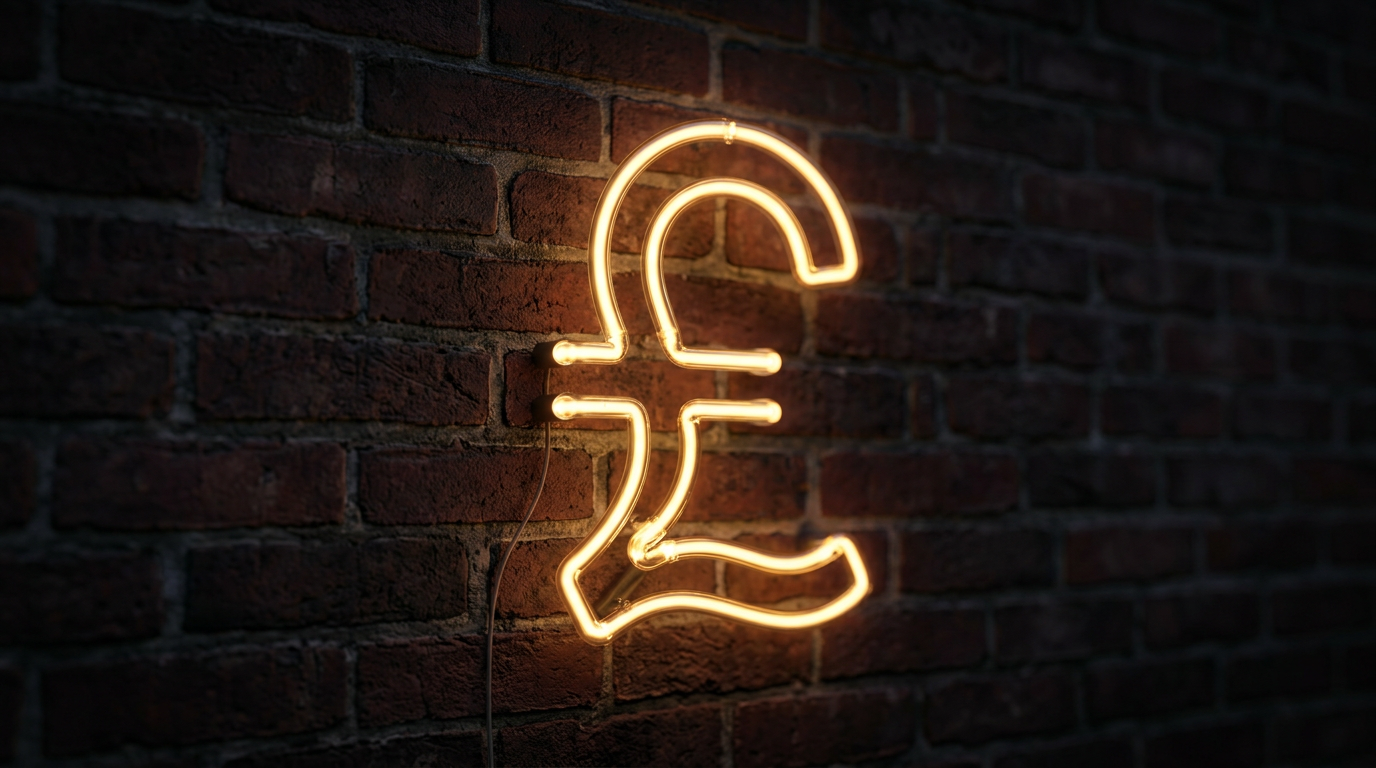 The image features a neon pound sign, crafted from a glowing amber-gold tube, installed against a textured dark exposed-brick wall. The neon light casts a warm halo onto the brick surface, highlighting the mortar lines and creating a nocturnal ambiance that symbolizes British commerce.