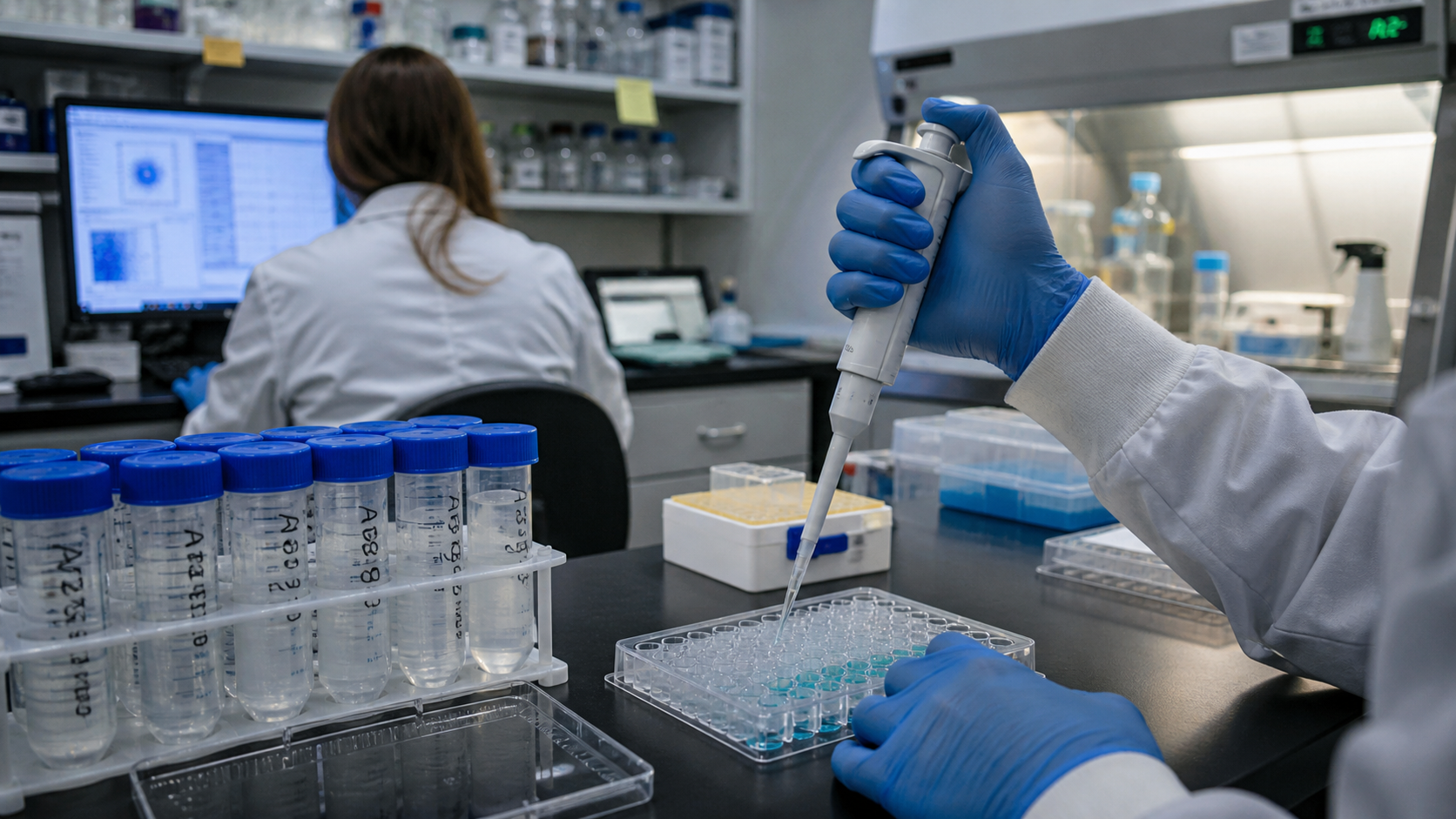The image depicts a laboratory setting where a scientist is using a micropipette to transfer liquids into a multi-well plate. In the background, another researcher is working at a computer, surrounded by various lab equipment and glassware.