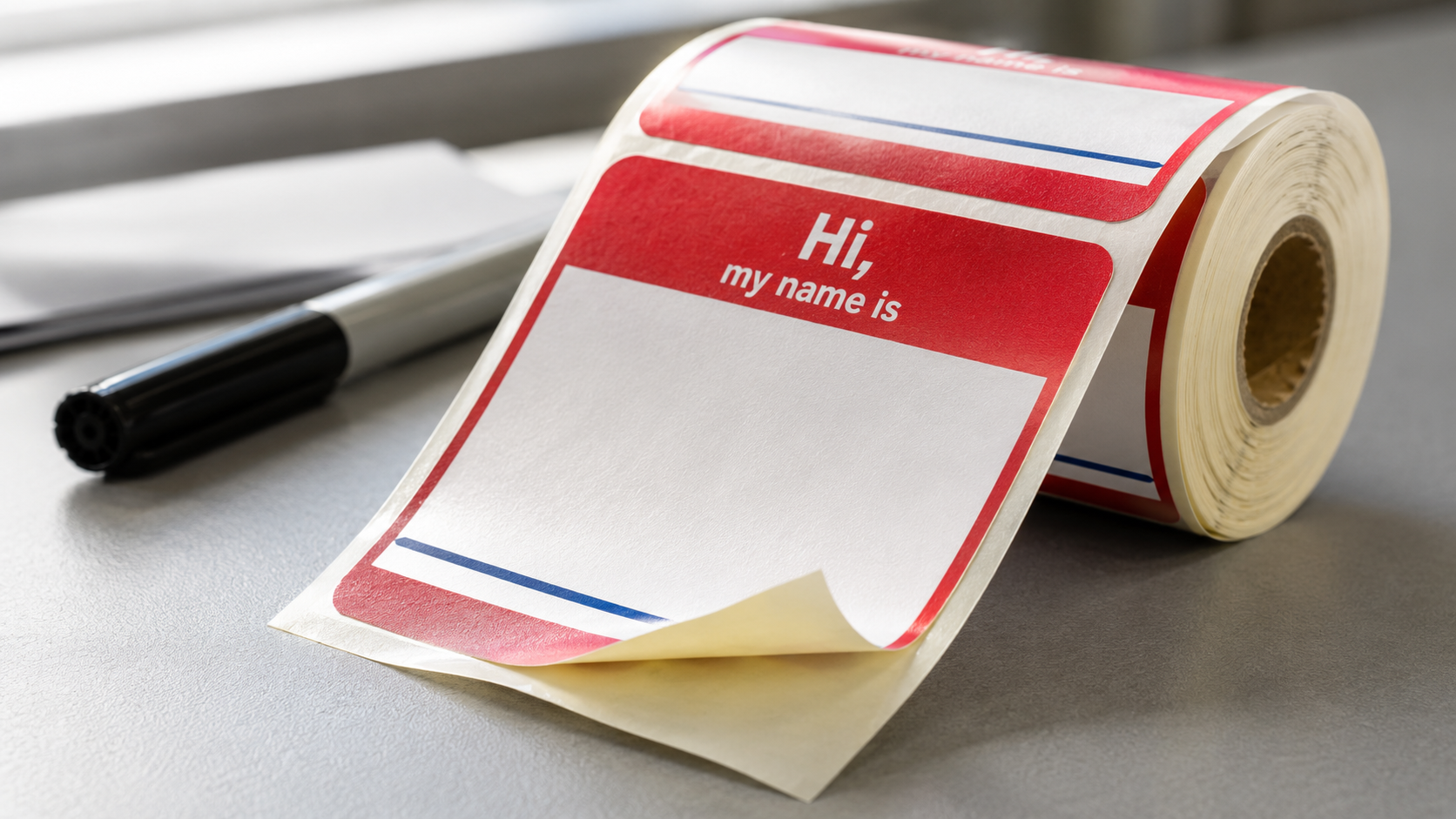 The image features a roll of name tags with a red and white design, prominently displaying the greeting 'Hi, my name is' at the top. The name tags are partially unrolled and placed on a flat surface, accompanied by a black marker.