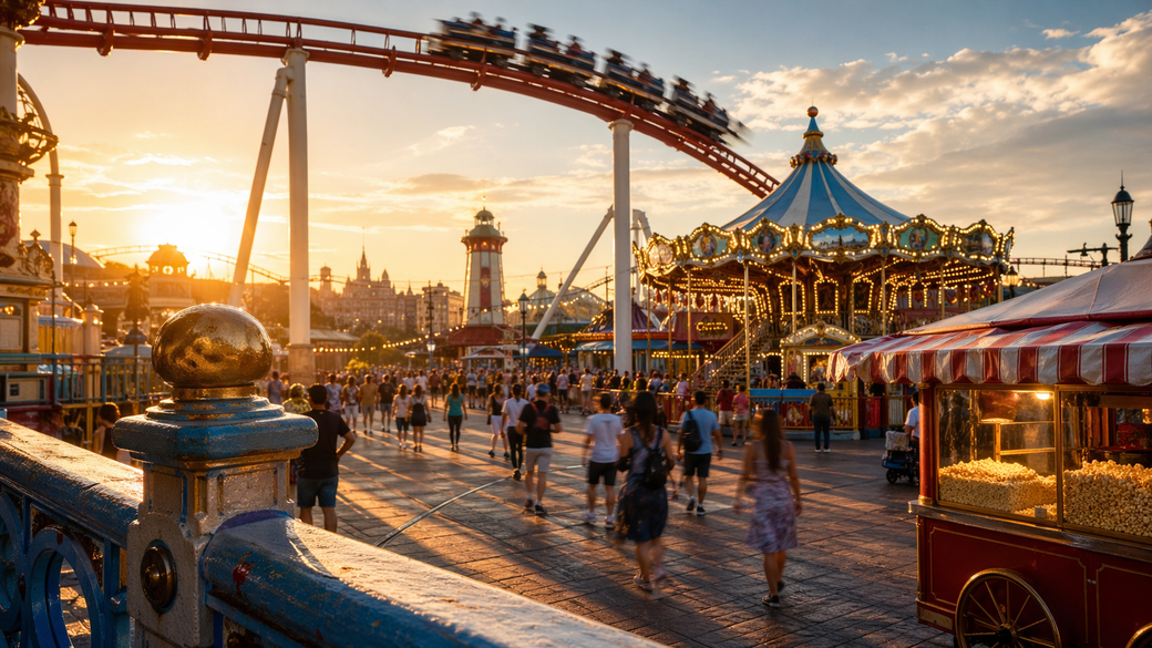 The image depicts a vibrant amusement park at sunset, showcasing a roller coaster and a carousel surrounded by bustling visitors. Bright lights and colorful attractions create a festive atmosphere.