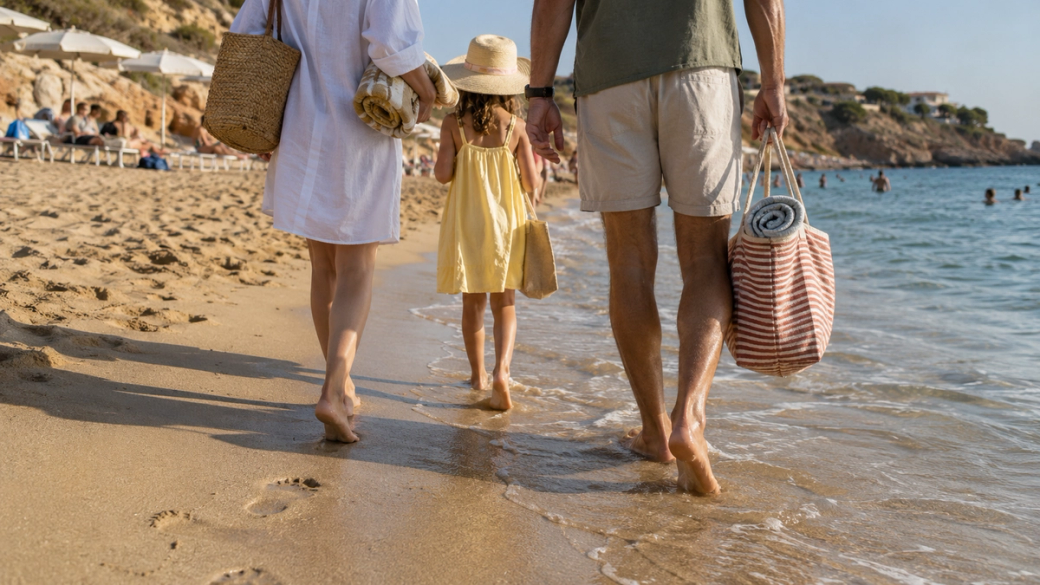 A family of three walks along a sandy beach, with the sun shining and waves gently lapping at their feet. The adult figures carry bags while a young girl in a yellow dress enjoys the seaside atmosphere.