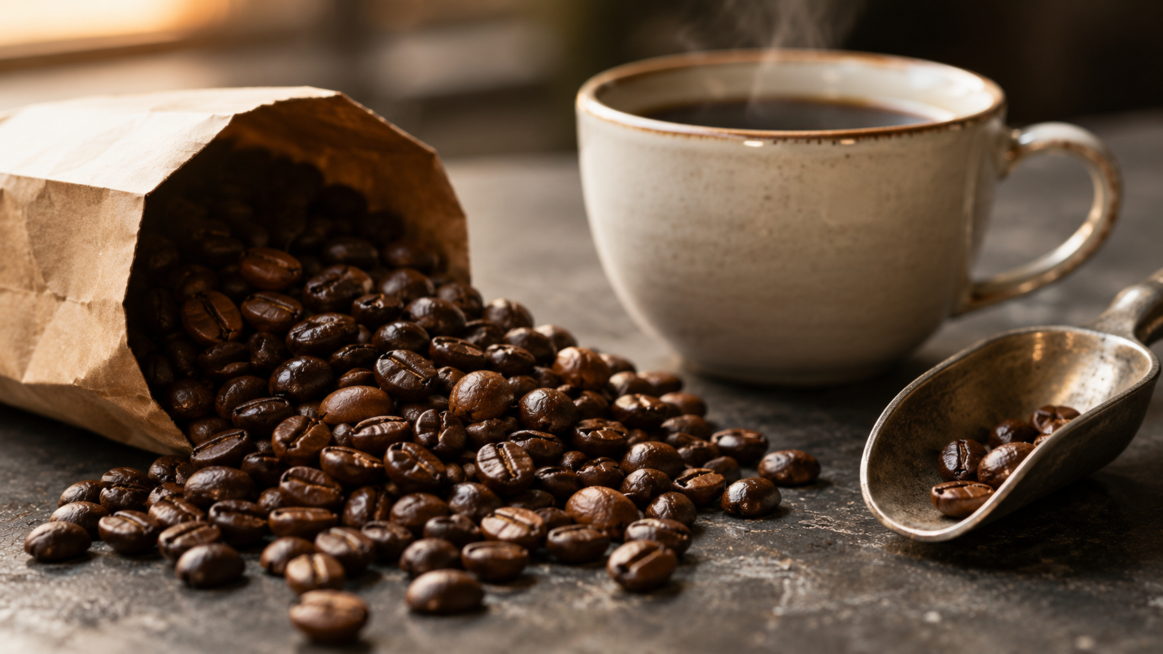 An inviting arrangement of coffee beans spilling from a paper bag alongside a steaming cup of coffee. The warm tones and cozy setting suggest a focus on a coffee culture atmosphere.