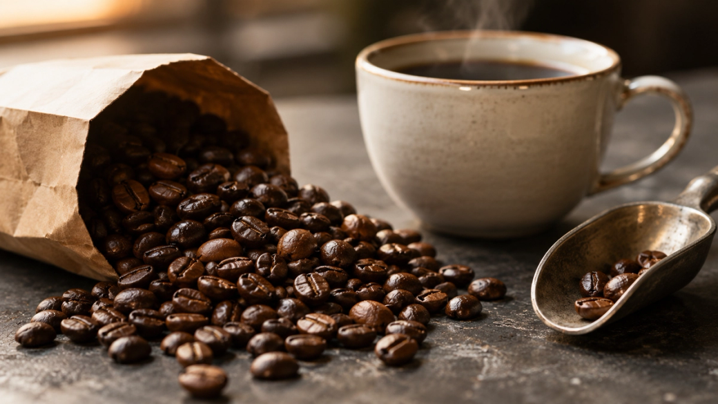 An inviting arrangement of coffee beans spilling from a paper bag alongside a steaming cup of coffee. The warm tones and cozy setting suggest a focus on a coffee culture atmosphere.