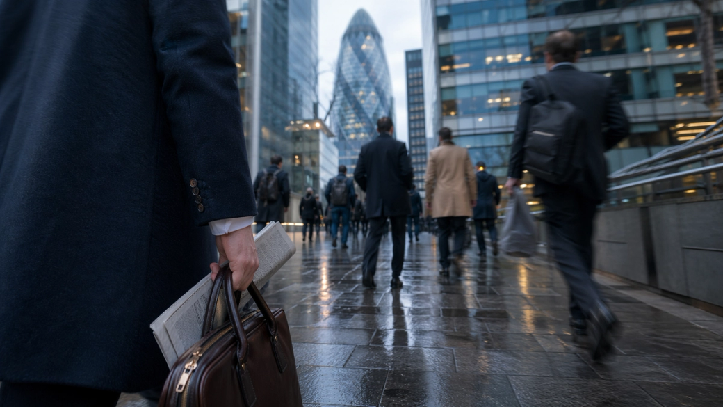 A group of business professionals walk through a city street, reflecting a busy urban environment. The foreground features a man in a suit holding a briefcase and newspaper, while the background shows modern skyscrapers glistening with rain.