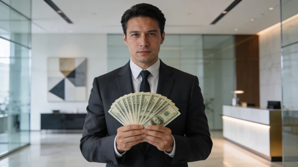 A well-dressed man stands in a modern office lobby, holding a fan of banknotes. The interior features large glass walls and contemporary decor, suggesting a professional financial environment.