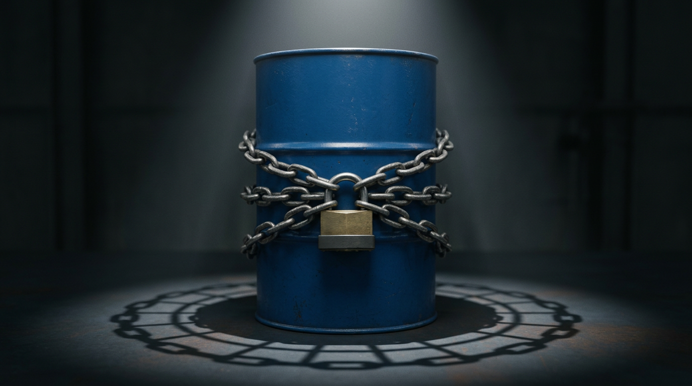 The image features a blue oil drum surrounded by a heavy steel chain, securely padlocked at the front. The composition emphasizes the contrast between the raw textures of the chain and the painted surface of the barrel, with shadows casting a geometric pattern on the dark surface, suggesting themes of economic embargoes and restricted access to commodities.